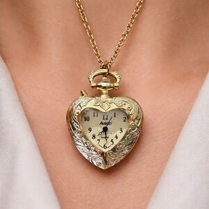 Avanti Gold Tone Heart Pendant Necklace Watch Quartz Japan Movement